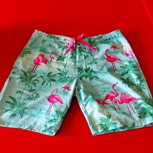 Board shorts / swim trunks. Tropical. Flamingos.